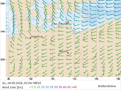 Windstärke (kn) und -richtung So, 02 Uhr MESZ