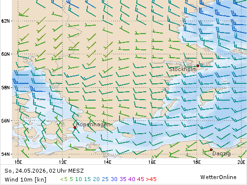 Windstärke (kn) und -richtung So, 02 Uhr MESZ